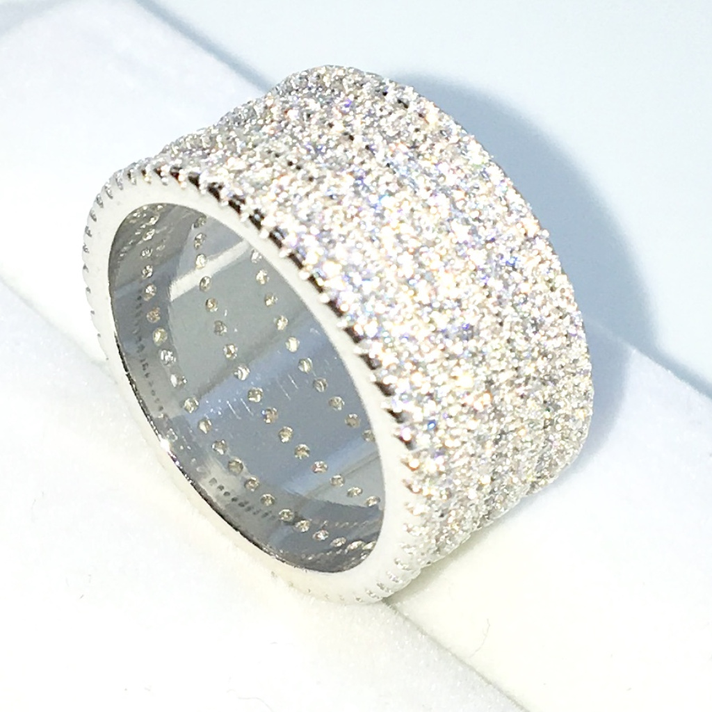 Silver Ring Band 7 Layer Rows Of Round White Cz